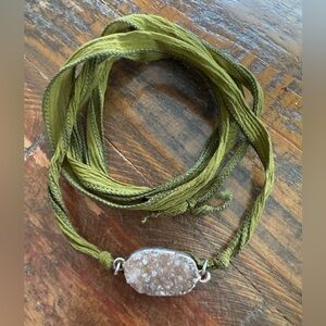 Gorgeous Hand-Dyed Green Silk Wrap Bracelet with Druzy Quartz Stone